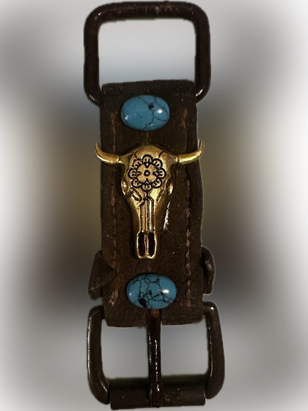 Gold Bull Skull Leather Bracelet with Turquoise Accents